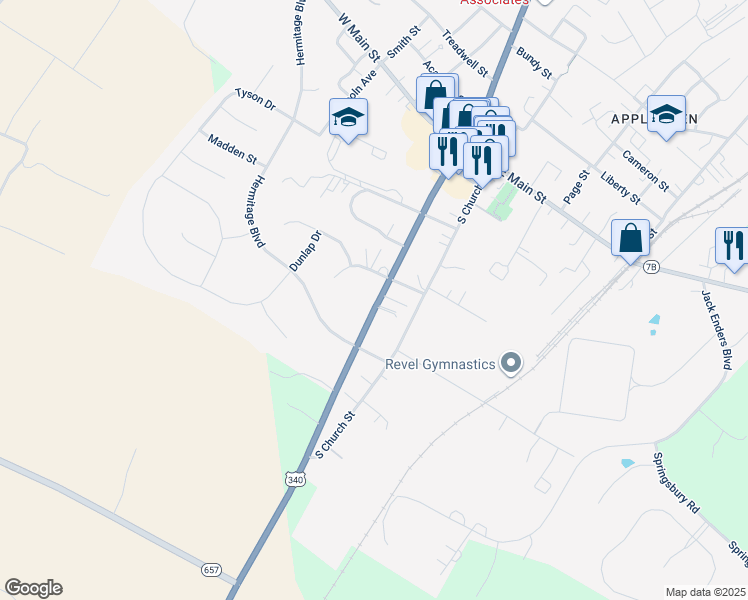 map of restaurants, bars, coffee shops, grocery stores, and more near 311 South Buckmarsh Street in Berryville