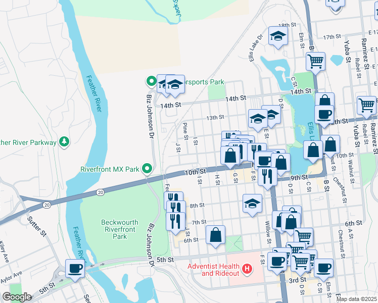 map of restaurants, bars, coffee shops, grocery stores, and more near 1115 I Street in Marysville