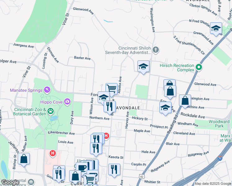 map of restaurants, bars, coffee shops, grocery stores, and more near 400 Forest Avenue in Cincinnati