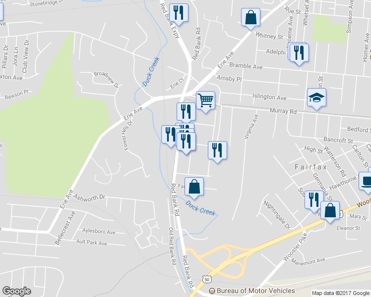 map of restaurants, bars, coffee shops, grocery stores, and more near 3972 Red Bank Road in Cincinnati