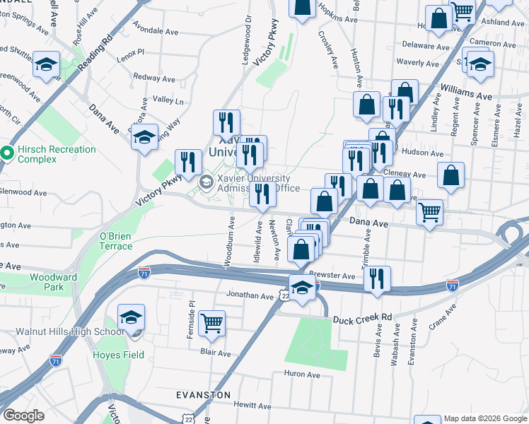 map of restaurants, bars, coffee shops, grocery stores, and more near 1621 Dana Avenue in Cincinnati