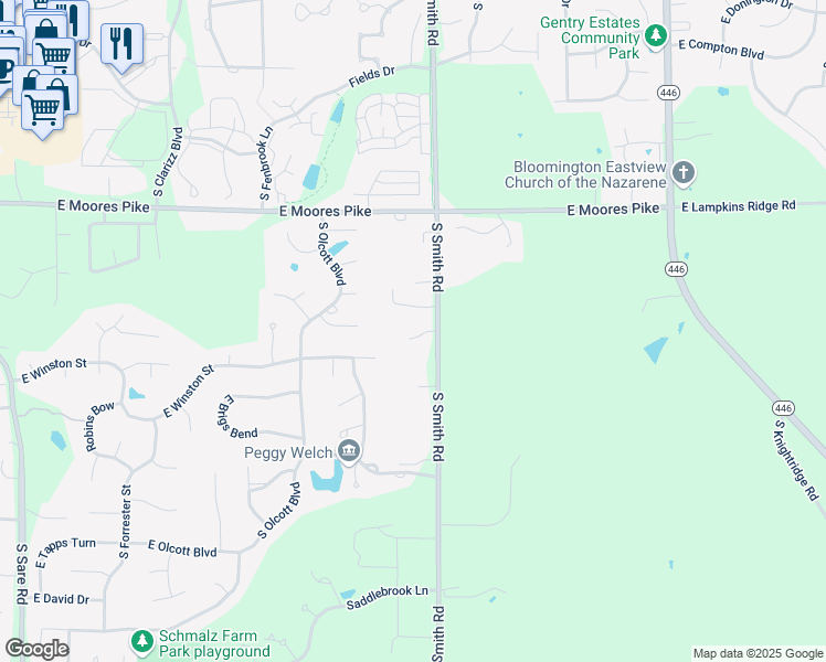 map of restaurants, bars, coffee shops, grocery stores, and more near 2114 South Smith Road in Bloomington