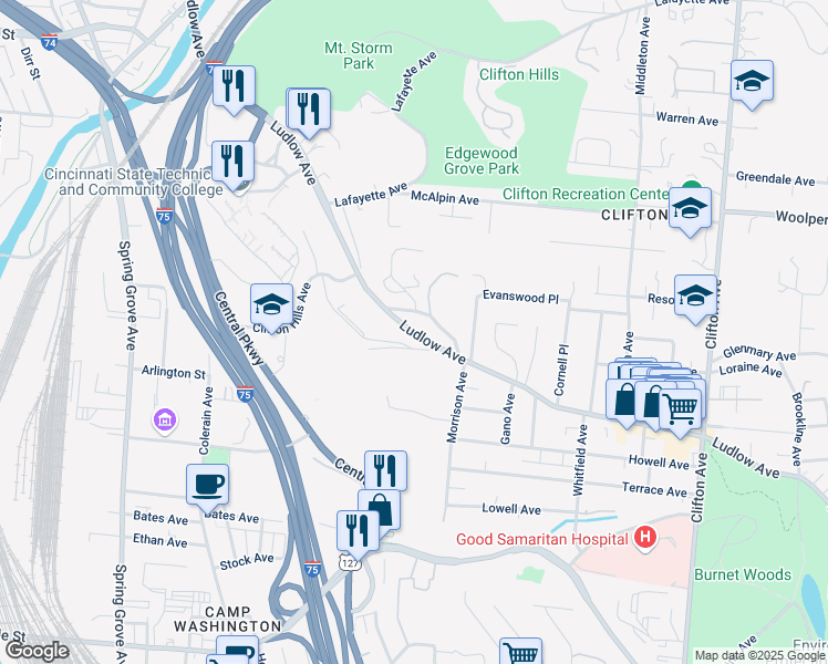 map of restaurants, bars, coffee shops, grocery stores, and more near 750 Ludlow Avenue in Cincinnati