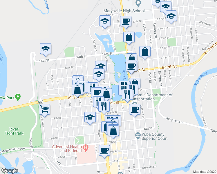 map of restaurants, bars, coffee shops, grocery stores, and more near 402 11th Street in Marysville