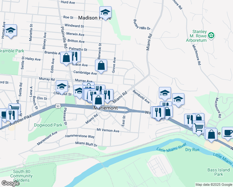 map of restaurants, bars, coffee shops, grocery stores, and more near 6958 Nolen Circle in Cincinnati