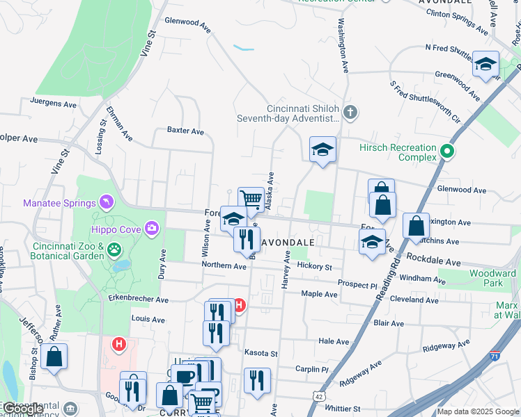 map of restaurants, bars, coffee shops, grocery stores, and more near 3543 Alaska Avenue in Cincinnati