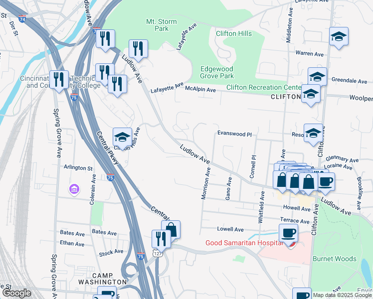 map of restaurants, bars, coffee shops, grocery stores, and more near in Cincinnati