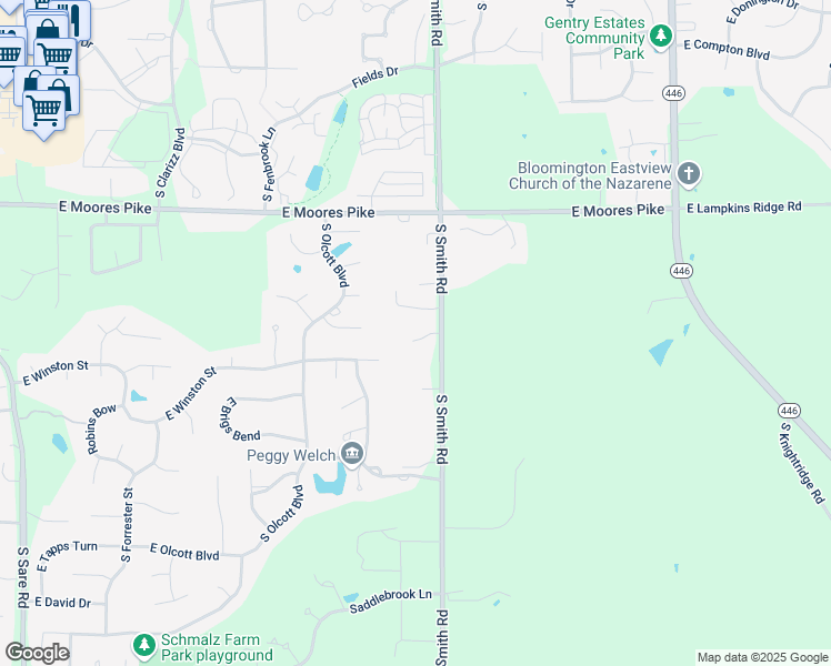 map of restaurants, bars, coffee shops, grocery stores, and more near 2114 South Smith Road in Bloomington