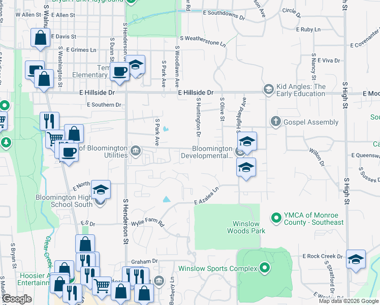 map of restaurants, bars, coffee shops, grocery stores, and more near 1800 South Huntington Gardens Place in Bloomington