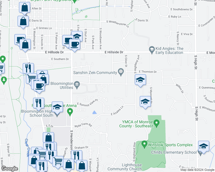 map of restaurants, bars, coffee shops, grocery stores, and more near 959 East Miller Drive in Bloomington