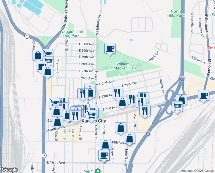 map of restaurants, bars, coffee shops, grocery stores, and more near 843 East 25th Avenue in North Kansas City