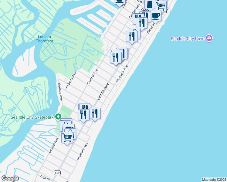 map of restaurants, bars, coffee shops, grocery stores, and more near 5301 Pleasure Avenue in Sea Isle City