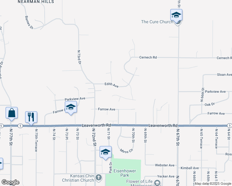 map of restaurants, bars, coffee shops, grocery stores, and more near 7031 Edith Avenue in Kansas City
