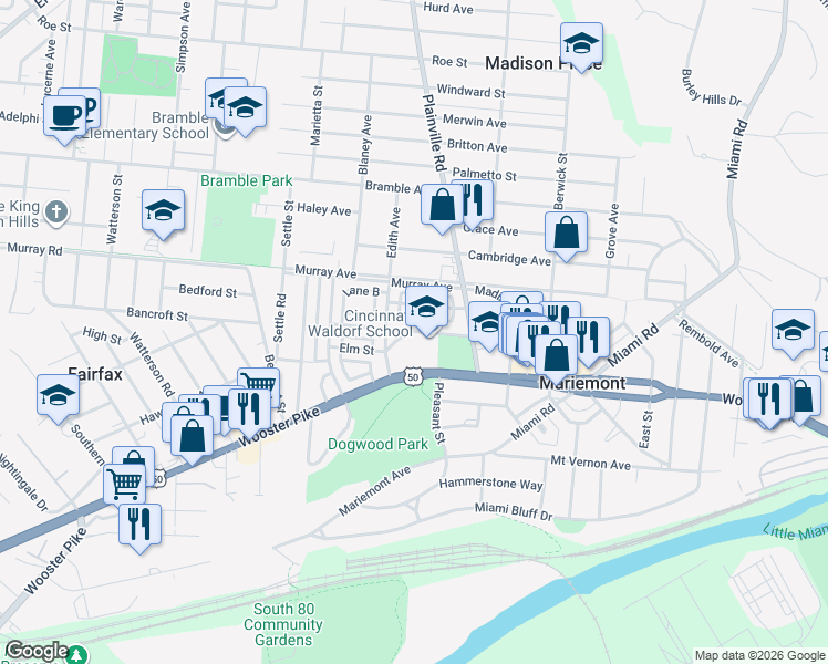 map of restaurants, bars, coffee shops, grocery stores, and more near Chestnut Street in Cincinnati
