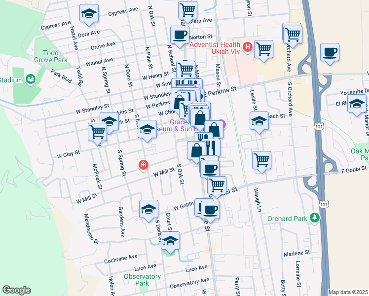 map of restaurants, bars, coffee shops, grocery stores, and more near in Ukiah
