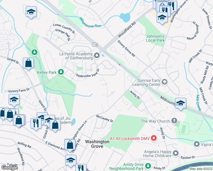 map of restaurants, bars, coffee shops, grocery stores, and more near 17658 Towne Crest Drive in Gaithersburg