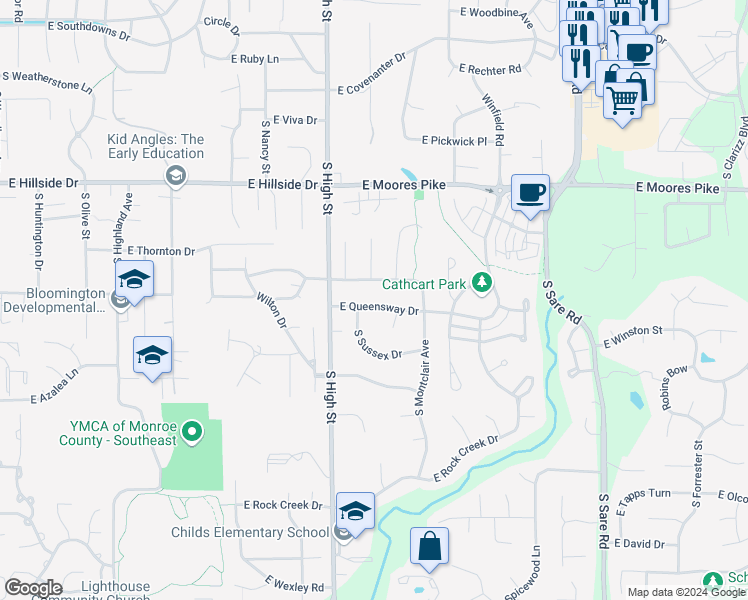 map of restaurants, bars, coffee shops, grocery stores, and more near 2213 East Queens Way in Bloomington