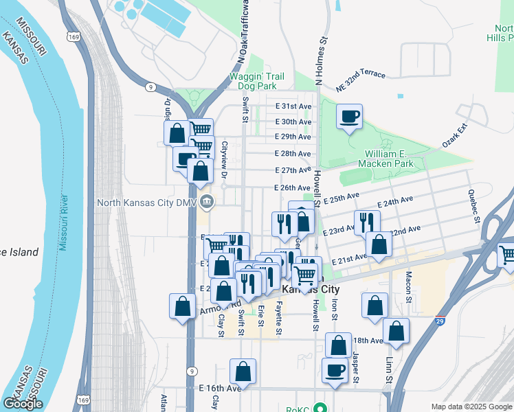 map of restaurants, bars, coffee shops, grocery stores, and more near 2402 East Erie Street in North Kansas City