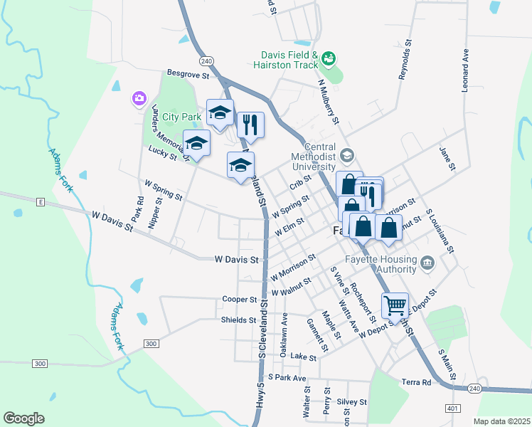 map of restaurants, bars, coffee shops, grocery stores, and more near 510 North Cleveland Street in Fayette