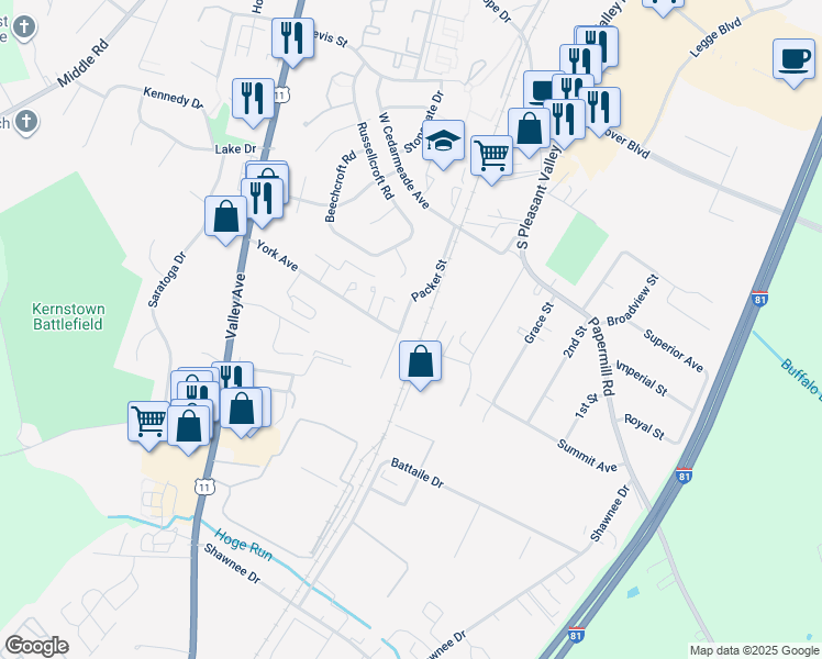 map of restaurants, bars, coffee shops, grocery stores, and more near 2890 Packer St in Winchester