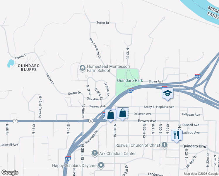 map of restaurants, bars, coffee shops, grocery stores, and more near 3315 North 35th Street in Kansas City