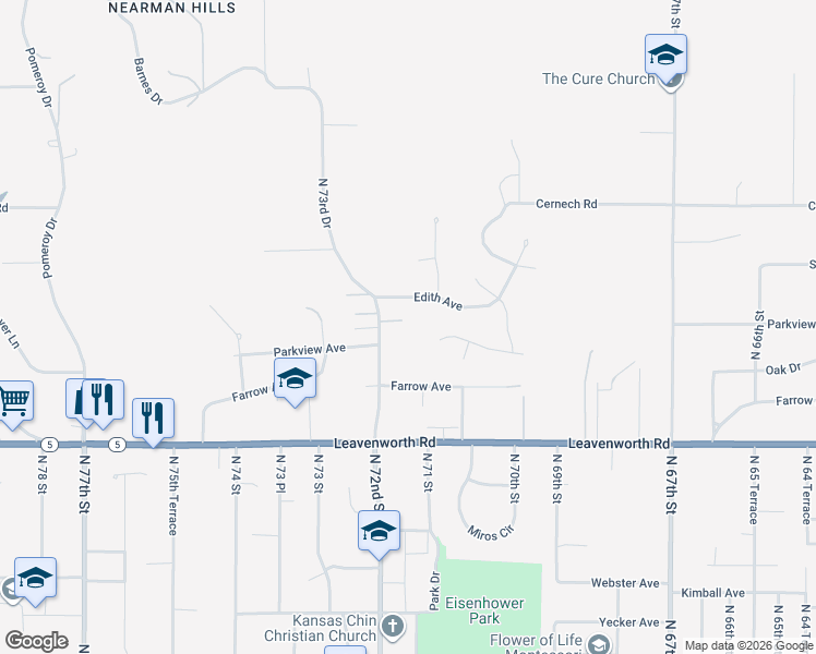 map of restaurants, bars, coffee shops, grocery stores, and more near 7129 Edith Avenue in Kansas City