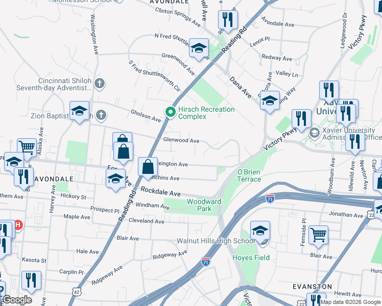 map of restaurants, bars, coffee shops, grocery stores, and more near 3559 Glenwood Place in Cincinnati