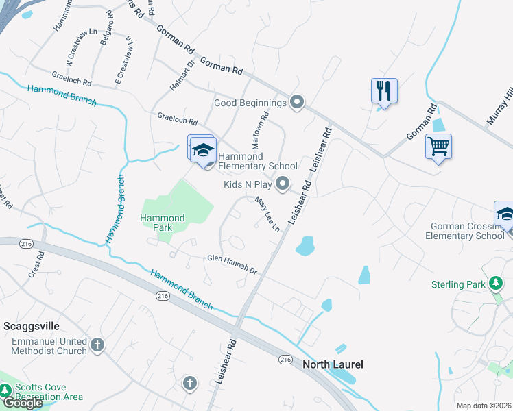 map of restaurants, bars, coffee shops, grocery stores, and more near 8247 Mary Lee Lane in Laurel