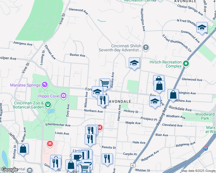 map of restaurants, bars, coffee shops, grocery stores, and more near 400 Forest Avenue in Cincinnati