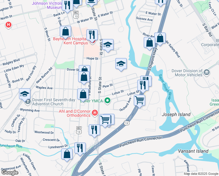map of restaurants, bars, coffee shops, grocery stores, and more near 1005 Park Avenue in Dover