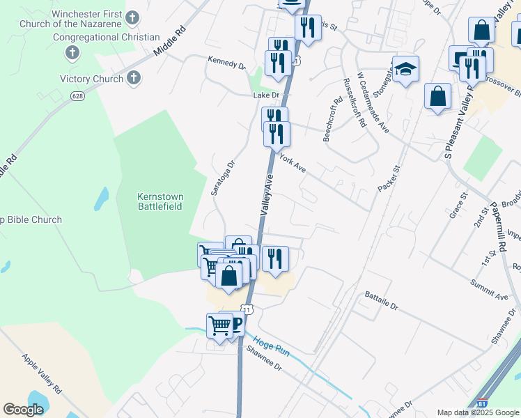 map of restaurants, bars, coffee shops, grocery stores, and more near 2950 Valley Avenue in Winchester