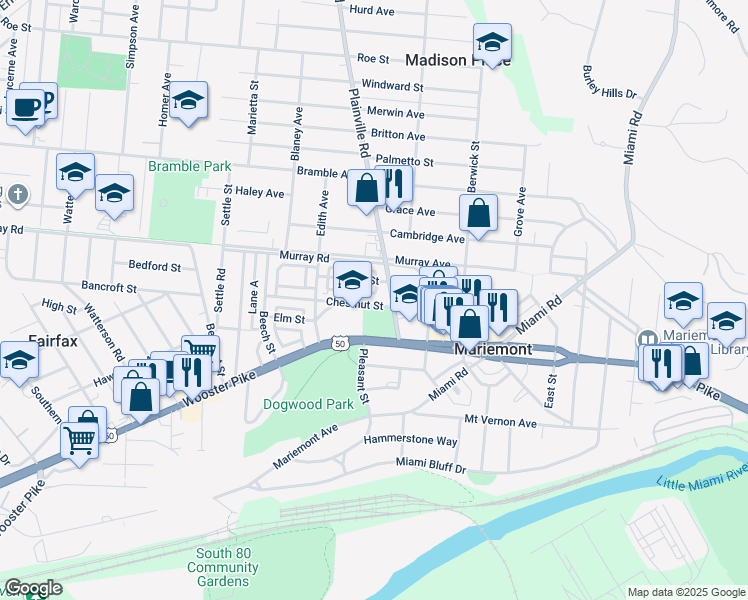 map of restaurants, bars, coffee shops, grocery stores, and more near 30 Lane H in Cincinnati
