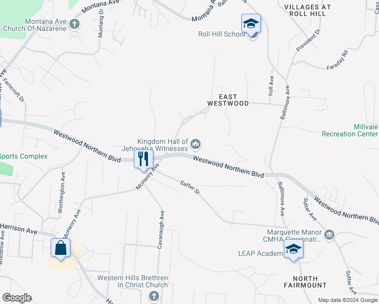 map of restaurants, bars, coffee shops, grocery stores, and more near 3362 McHenry Avenue in Cincinnati