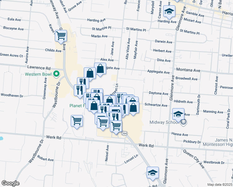 map of restaurants, bars, coffee shops, grocery stores, and more near 3331 Parkcrest Lane in Cincinnati