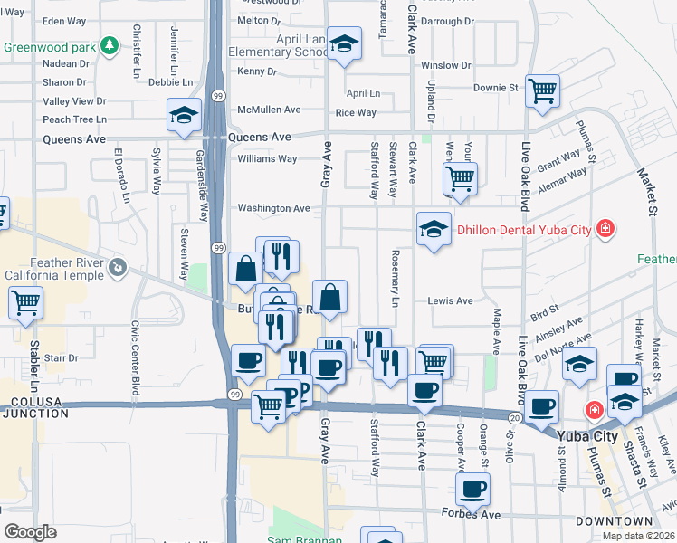 map of restaurants, bars, coffee shops, grocery stores, and more near 1251 Gray Avenue in Yuba City