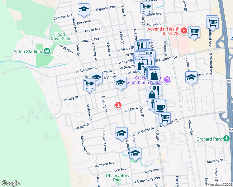 map of restaurants, bars, coffee shops, grocery stores, and more near 490 South Dora Street in Ukiah
