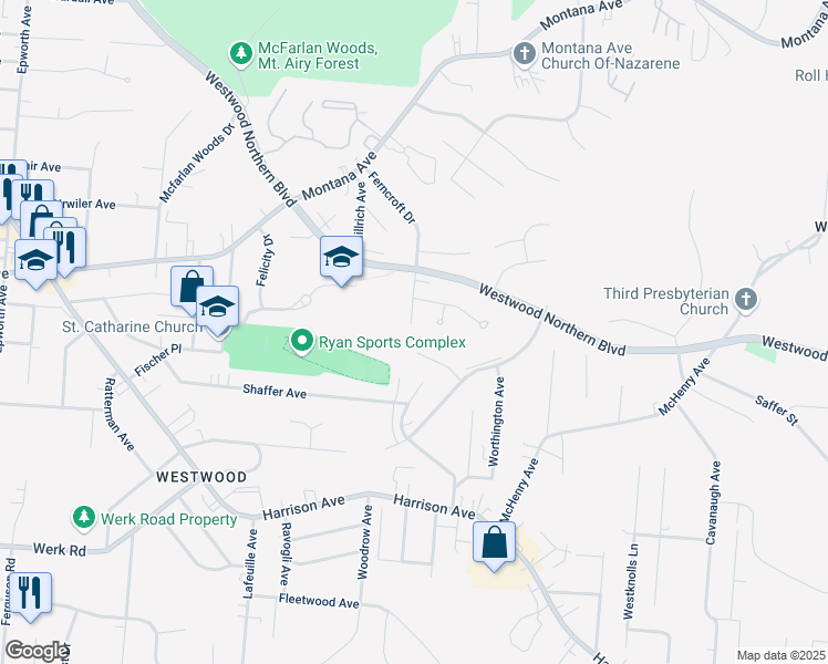 map of restaurants, bars, coffee shops, grocery stores, and more near 2545 Meyerhill Drive in Cincinnati