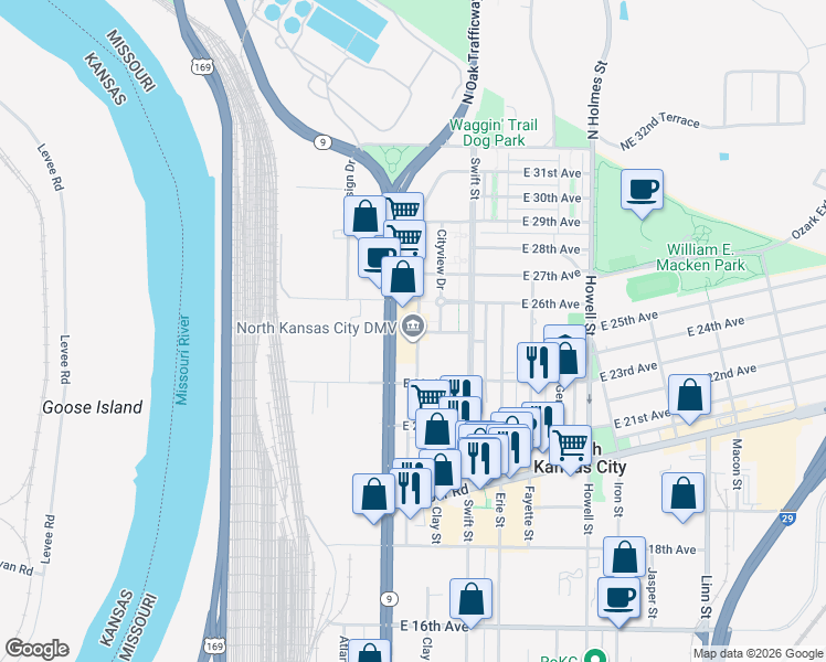 map of restaurants, bars, coffee shops, grocery stores, and more near 2431 Buchanan Street in Kansas City