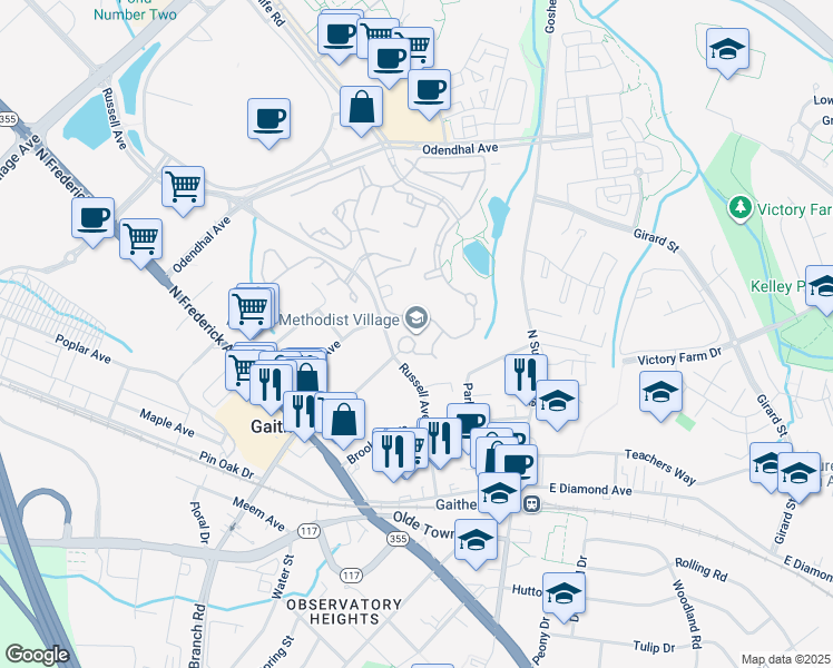 map of restaurants, bars, coffee shops, grocery stores, and more near 201 Russell Avenue in Gaithersburg