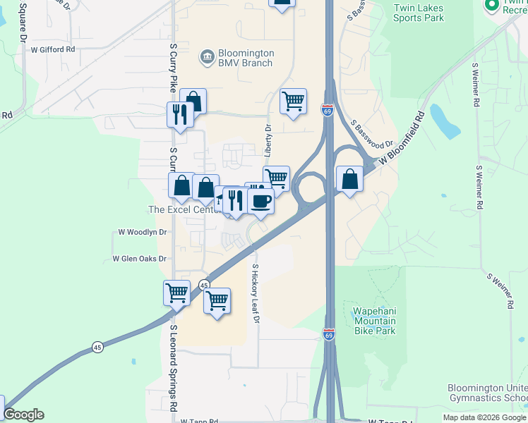 map of restaurants, bars, coffee shops, grocery stores, and more near 2005 Liberty Drive in Bloomington