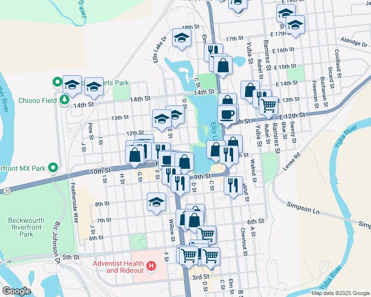 map of restaurants, bars, coffee shops, grocery stores, and more near 1028 D Street in Marysville