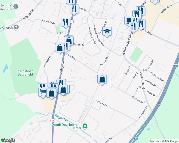 map of restaurants, bars, coffee shops, grocery stores, and more near 515 York Avenue in Winchester