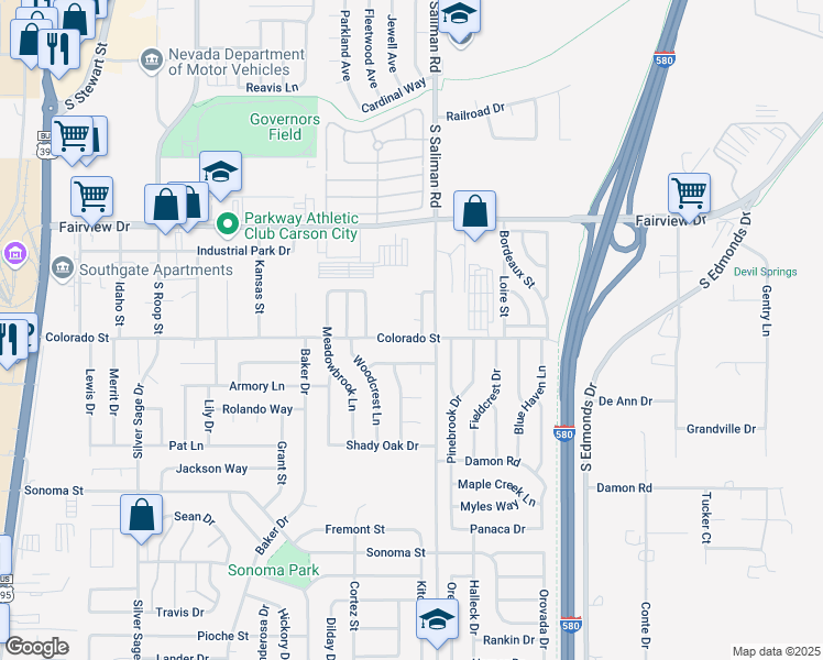 map of restaurants, bars, coffee shops, grocery stores, and more near 2155 Jodi Lane in Carson City