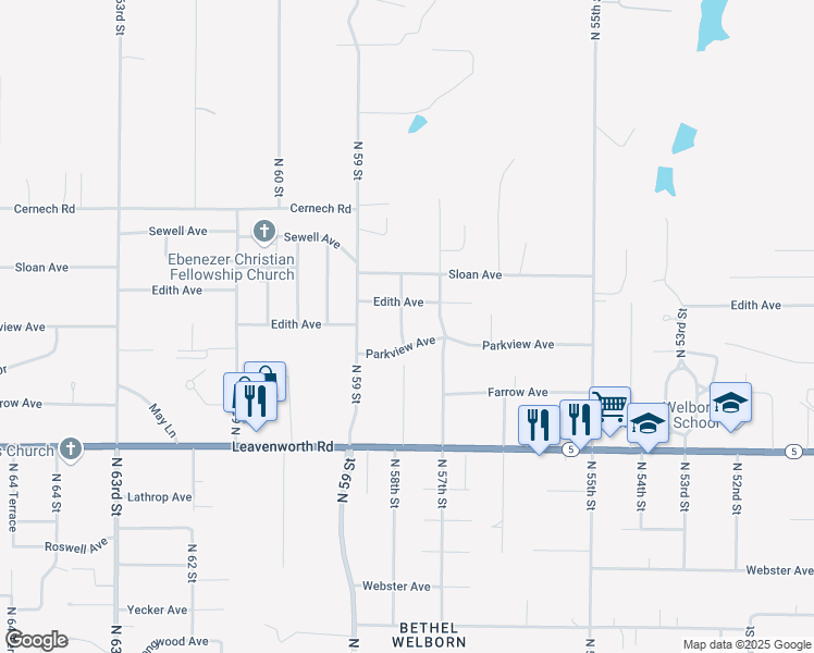 map of restaurants, bars, coffee shops, grocery stores, and more near 3321 North 58th Street in Kansas City