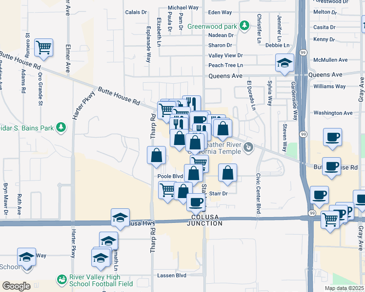 map of restaurants, bars, coffee shops, grocery stores, and more near 1258 Stabler Lane in Yuba City