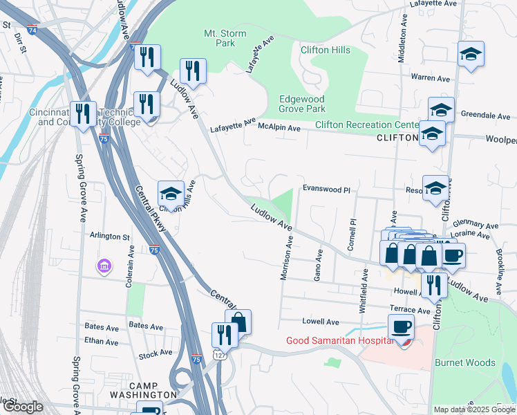 map of restaurants, bars, coffee shops, grocery stores, and more near 750 Ludlow Avenue in Cincinnati
