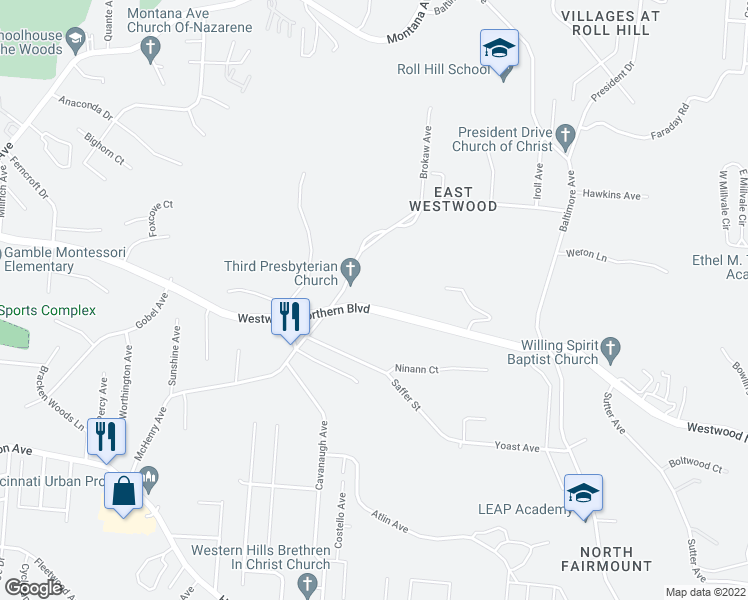 map of restaurants, bars, coffee shops, grocery stores, and more near 2302 Westwood Northern Boulevard in Cincinnati