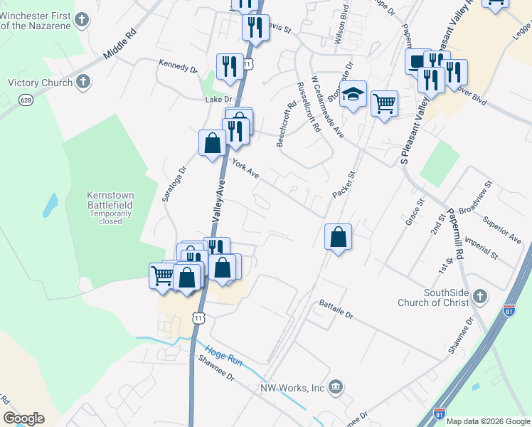 map of restaurants, bars, coffee shops, grocery stores, and more near 2965 Sorrell Court in Winchester