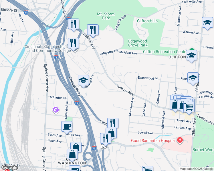 map of restaurants, bars, coffee shops, grocery stores, and more near 812 Clifton Hills Terrace in Cincinnati
