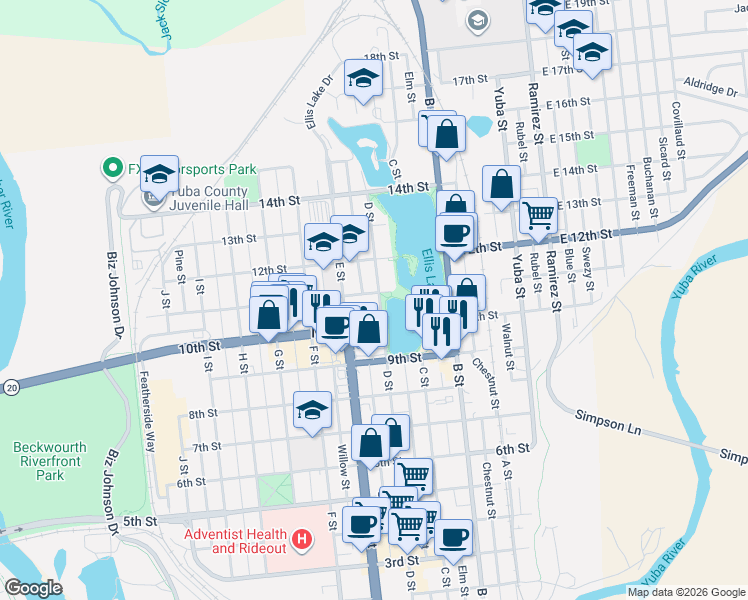 map of restaurants, bars, coffee shops, grocery stores, and more near 402 11th Street in Marysville